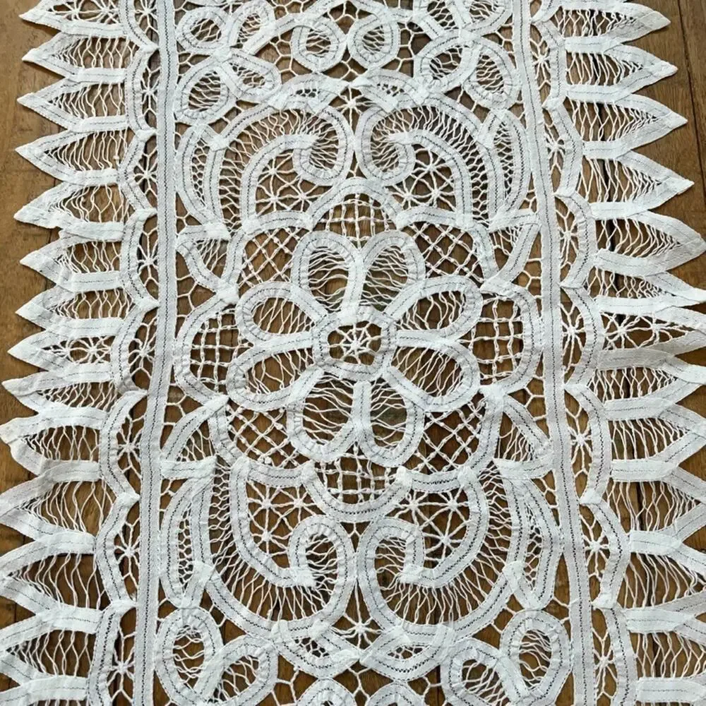 Vintage Table Runner 14 x 46.5 in White Battenburg Lace Intricate Floral Spike